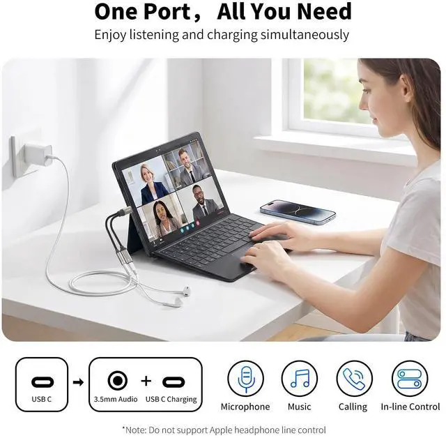Alt view image 2 of 6 - USB C to 3.5mm Headphone Audio and Charger Adapter2 in 1 32bit/384kHz Tyepe c to Aux Jack Cable with PD 3.0 60W Fast Charging Dongle Cable for Iphone17 Iphone16