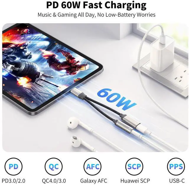 Alt view image 4 of 6 - USB C to 3.5mm Headphone Audio and Charger Adapter2 in 1 32bit/384kHz Tyepe c to Aux Jack Cable with PD 3.0 60W Fast Charging Dongle Cable for Iphone17 Iphone16