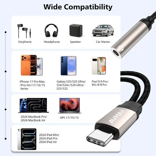 Alt view image 6 of 6 - USB C to 3.5mm Headphone Audio and Charger Adapter2 in 1 32bit/384kHz Tyepe c to Aux Jack Cable with PD 3.0 60W Fast Charging Dongle Cable for Iphone17 Iphone16