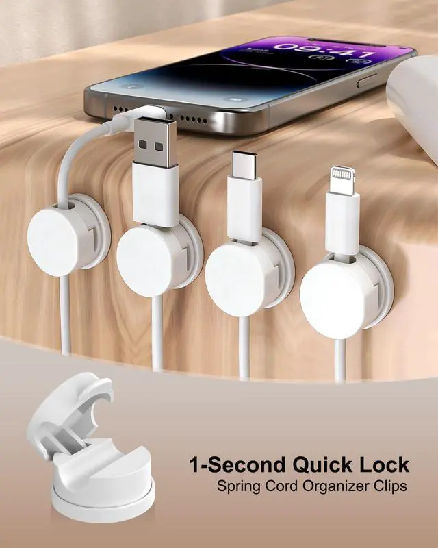 Alt view image 2 of 7 - 12 Pack Spring Cable Clips for Phone Charger, One-Hand Cord Holder for Nightstand & Desk, Rotatable Desk Cable Management with Strong Adhesive, White