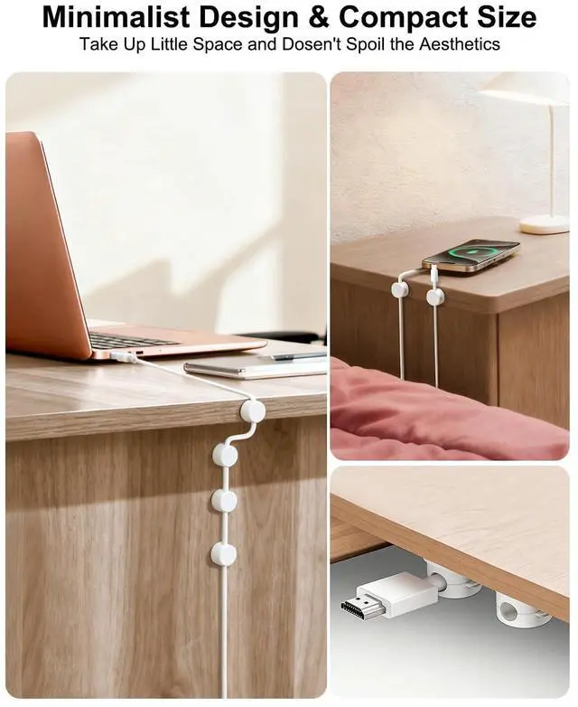 Alt view image 5 of 7 - 12 Pack Spring Cable Clips for Phone Charger, One-Hand Cord Holder for Nightstand & Desk, Rotatable Desk Cable Management with Strong Adhesive, White