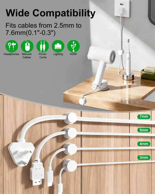 Alt view image 6 of 7 - 12 Pack Spring Cable Clips for Phone Charger, One-Hand Cord Holder for Nightstand & Desk, Rotatable Desk Cable Management with Strong Adhesive, White