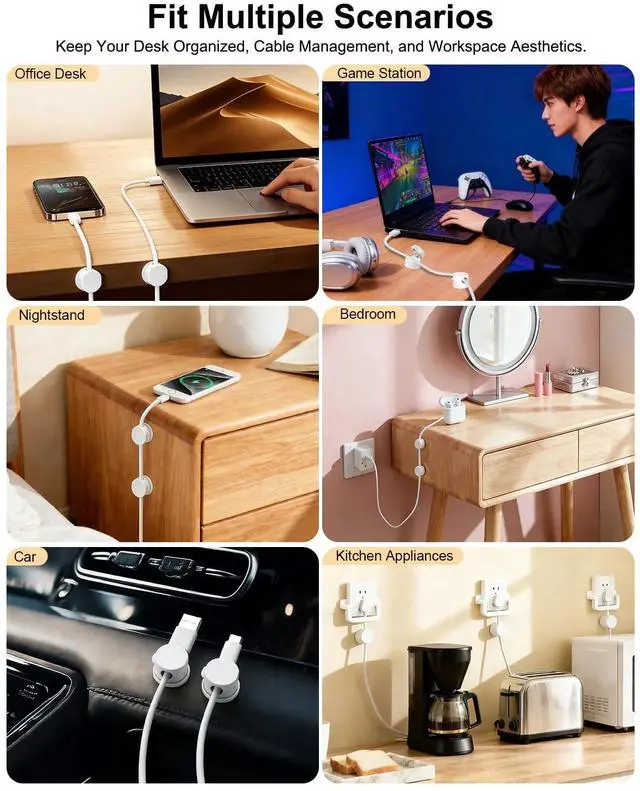 Alt view image 7 of 7 - 12 Pack Spring Cable Clips for Phone Charger, One-Hand Cord Holder for Nightstand & Desk, Rotatable Desk Cable Management with Strong Adhesive, White