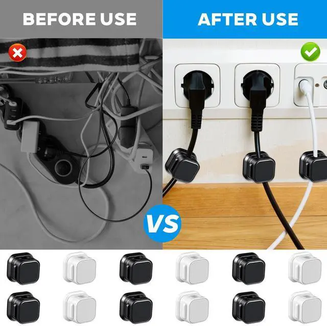 Alt view image 3 of 7 - Magnetic Cord Organizer, 12 Pack (6 Black + 6 White), Strong Adhesive Cable Management Clips for Desk, Nightstand, Office & Car