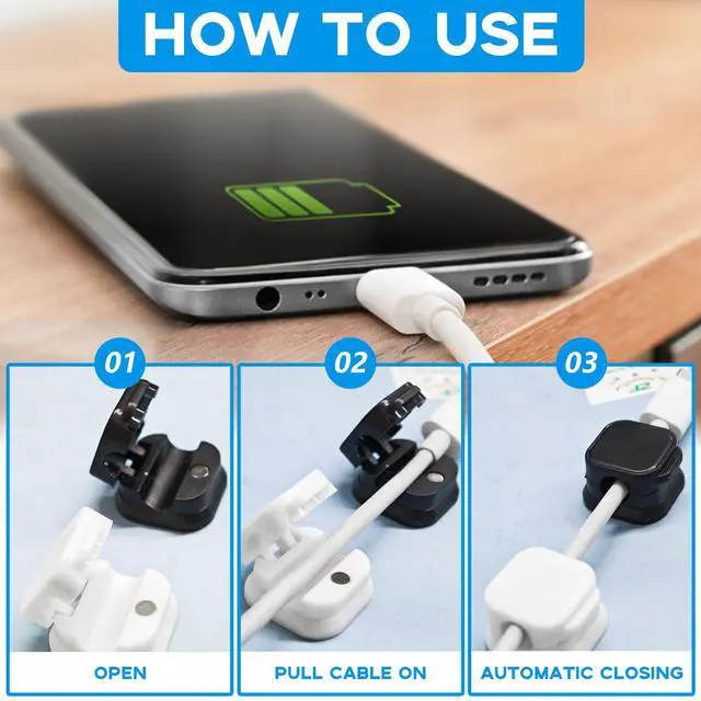 Alt view image 6 of 7 - Magnetic Cord Organizer, 12 Pack (6 Black + 6 White), Strong Adhesive Cable Management Clips for Desk, Nightstand, Office & Car