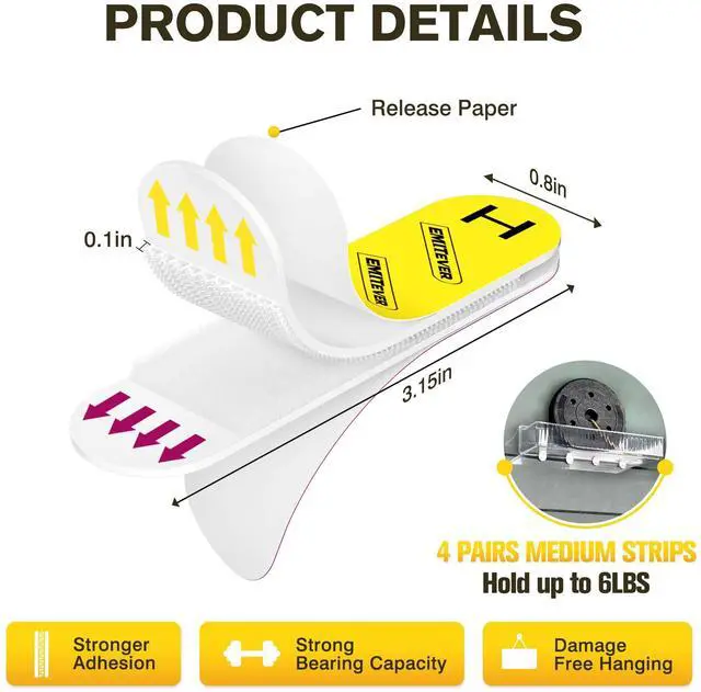 Alt view image 3 of 7 - Picture Hanging Strips Heavy Duty, Damage Free Picture Hangers for Walls, Picture Hanging Kit, Hanging Hooks Without Nails, Medium Adhesive Wall Strips for Poster Sticky 20-Pairs (40 Strips)
