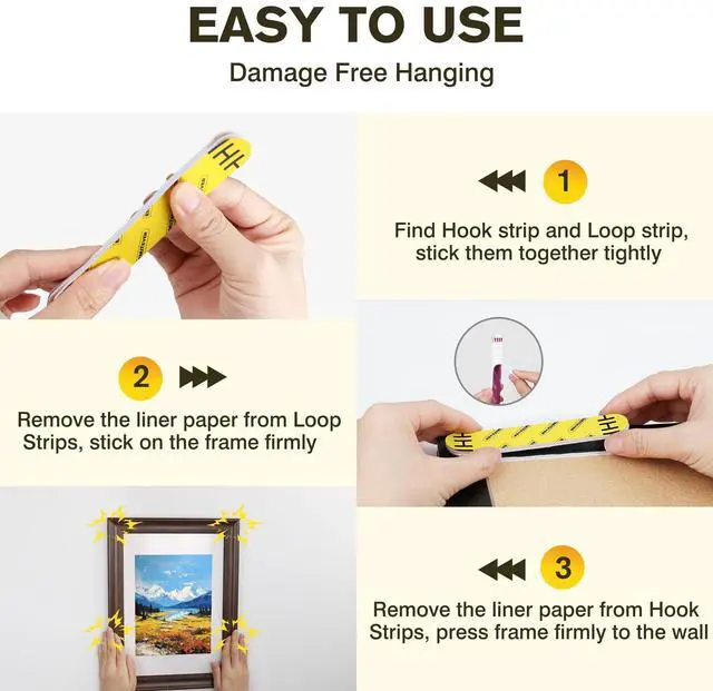 Alt view image 5 of 7 - Picture Hanging Strips Heavy Duty, Damage Free Picture Hangers for Walls, Picture Hanging Kit, Hanging Hooks Without Nails, Medium Adhesive Wall Strips for Poster Sticky 20-Pairs (40 Strips)
