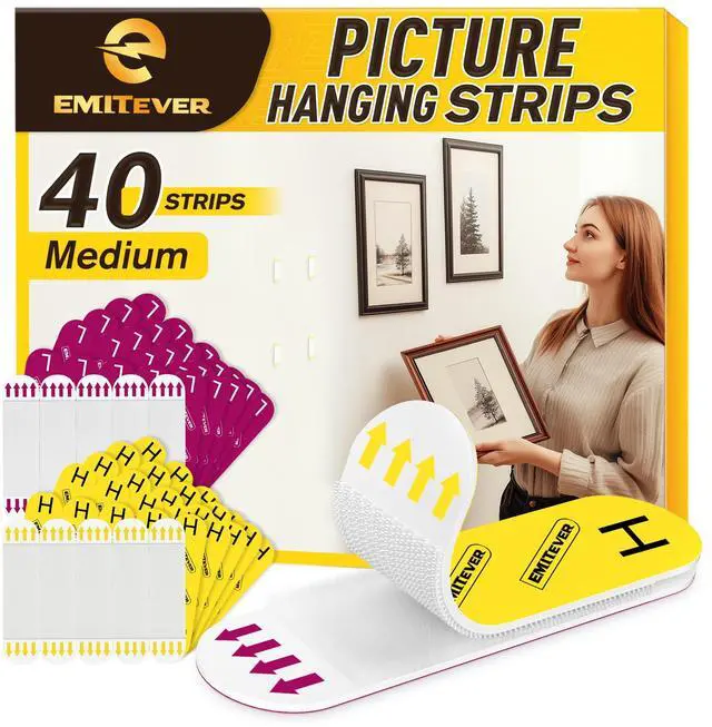 Main image of Picture Hanging Strips Heavy Duty, Damage Free Picture Hangers for Walls, Picture Hanging Kit, Hanging Hooks Without Nails, Medium Adhesive Wall Strips for Poster Sticky 20-Pairs (40 Strips)