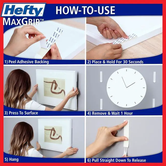 Alt view image 6 of 7 - Hefty Picture Hanging Kit - 9 XL Pairs, Holds Up to 20 Lbs | Picture Hangers & Kit for Home Decor - Picture Hanging Hardware for Superior Adhesion on Frames, No Nails