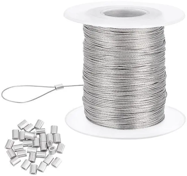 Main image of 328 Feet 0.5mm Heavy Duty Picture Hanging Wire, 304 Stainless Steel Photo Frame Hanging Wire with 30 pcs Aluminum Crimping Loop Sleeve for Mirrors Frames, Load Capacity 9.7LB