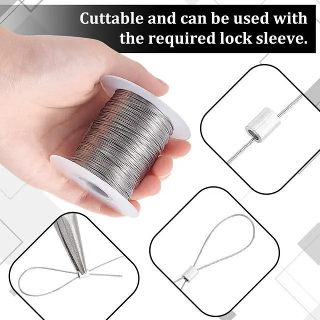 Alt view image 3 of 6 - 328 Feet 0.5mm Heavy Duty Picture Hanging Wire, 304 Stainless Steel Photo Frame Hanging Wire with 30 pcs Aluminum Crimping Loop Sleeve for Mirrors Frames, Load Capacity 9.7LB