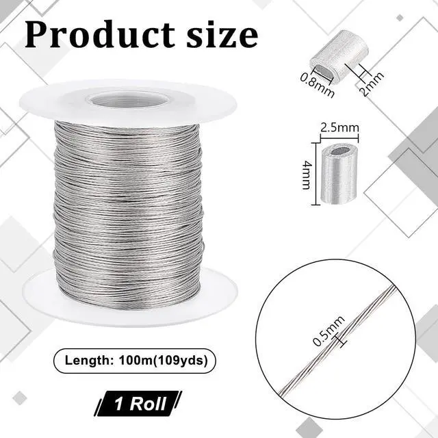 Alt view image 2 of 6 - 328 Feet 0.5mm Heavy Duty Picture Hanging Wire, 304 Stainless Steel Photo Frame Hanging Wire with 30 pcs Aluminum Crimping Loop Sleeve for Mirrors Frames, Load Capacity 9.7LB