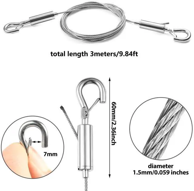 Alt view image 3 of 6 - Picture Hanging Wire Kit,Adjustable Heavy Duty Stainless Steel 3m x 1.5mm Wire Rope Kit for Hanging Mirrors,Frames,Lamps,Billboards,Basket Flowerpot,2 Pack,Holds Up to 66lbs(30kg)