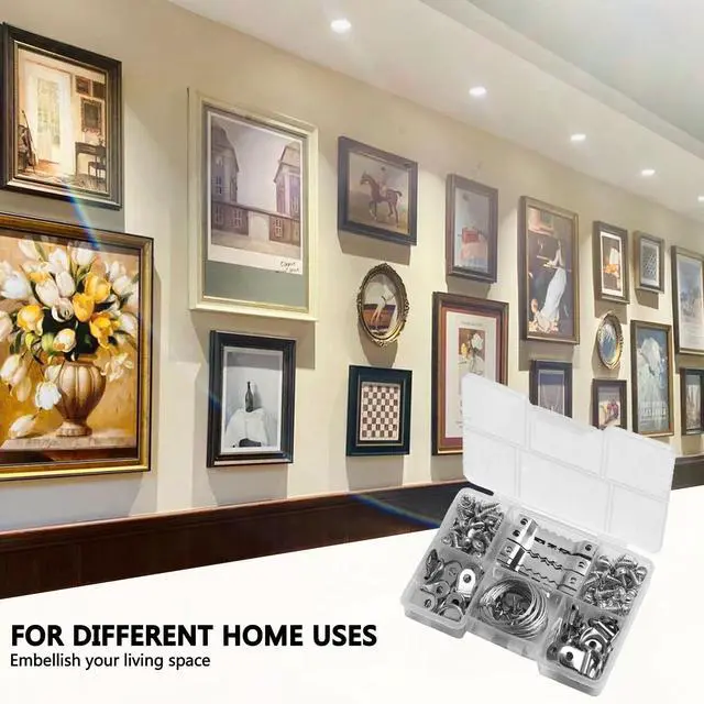 Alt view image 4 of 7 - Picture Hanging Wire Kit D Rings Picture Hardware with Screws 10Ft Picture Wire Hanging 4 Size Picture Hooks 10-50 lbs Picture Hanging Kit with Nails Heavy Duty Hangers for Pictures, Clocks, Mirrors