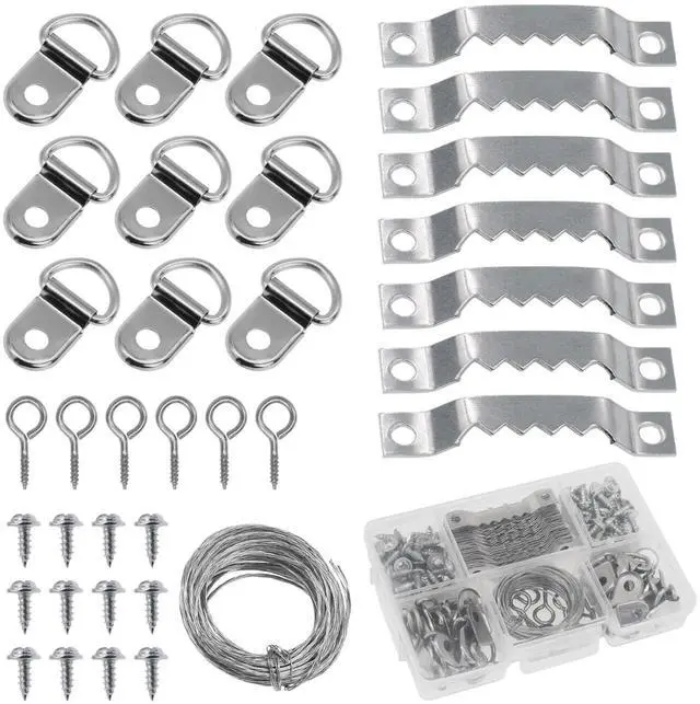 Main image of Picture Hanging Wire Kit D Rings Picture Hardware with Screws 10Ft Picture Wire Hanging 4 Size Picture Hooks 10-50 lbs Picture Hanging Kit with Nails Heavy Duty Hangers for Pictures, Clocks, Mirrors