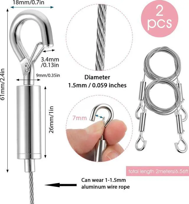 Alt view image 2 of 7 - 2PCS Picture Hanging Kit, Adjustable Picture Hanging Wire with Hooks Holds up to 66lbs(30kg), 2m X1.5mm Stainless Steel Heavy Duty Pictures Wire for Pictures Mirrors Artwork Frame Billboards