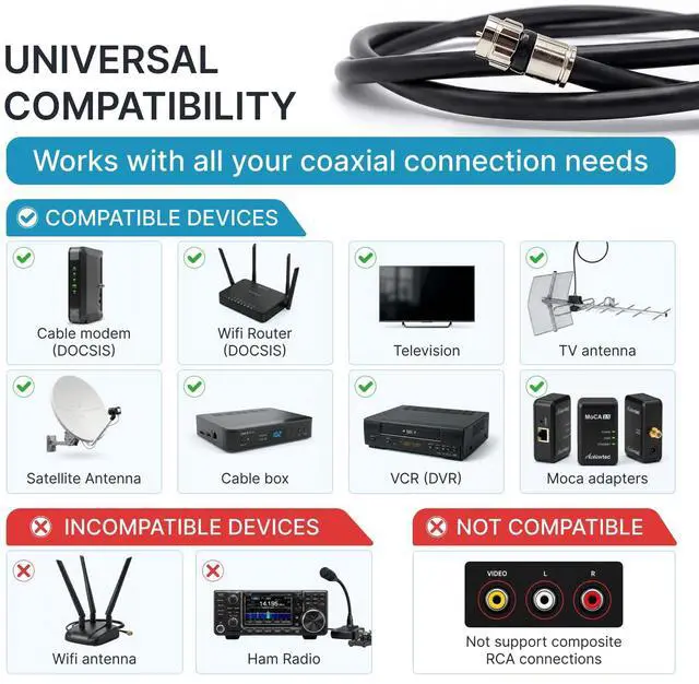 Alt view image 2 of 7 - 15FT RG6 Coaxial Cable - Premium Heavy Duty, High Speed Internet, Cable TV, Antenna, Satellite Broadband Low Resistance RG6 Coax Cable Cord Low Loss TV Cable Extension Wire with Connectors