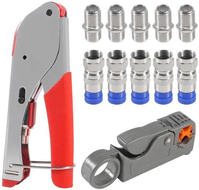 Main image of Coax Cable Crimper Tool Kit Coaxial Compression Tool Fitting Wire Stripper with 5PCS RG6 F Type Connector + 5PCS RG6 Coax Cable Extender