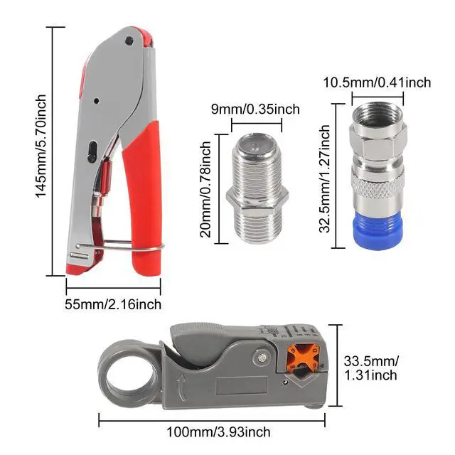 Alt view image 2 of 7 - Coax Cable Crimper Tool Kit Coaxial Compression Tool Fitting Wire Stripper with 5PCS RG6 F Type Connector + 5PCS RG6 Coax Cable Extender