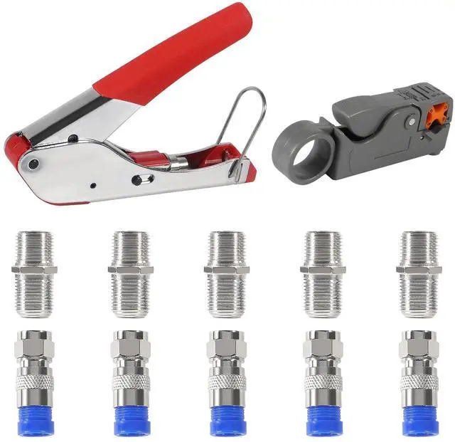 Main image of Coax Cable Crimper Tool Kit Coaxial Compression Tool Coaxial Cable Stripper with 5PCS RG6 F Type Connector Coaxial Compression Fitting + 5PCS Coaxial Cable Extension Adapter