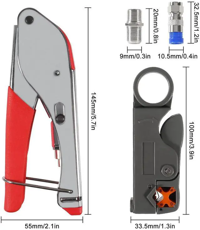 Alt view image 4 of 7 - Coax Cable Crimper Tool Kit Coaxial Compression Tool Coaxial Cable Stripper with 5PCS RG6 F Type Connector Coaxial Compression Fitting + 5PCS Coaxial Cable Extension Adapter