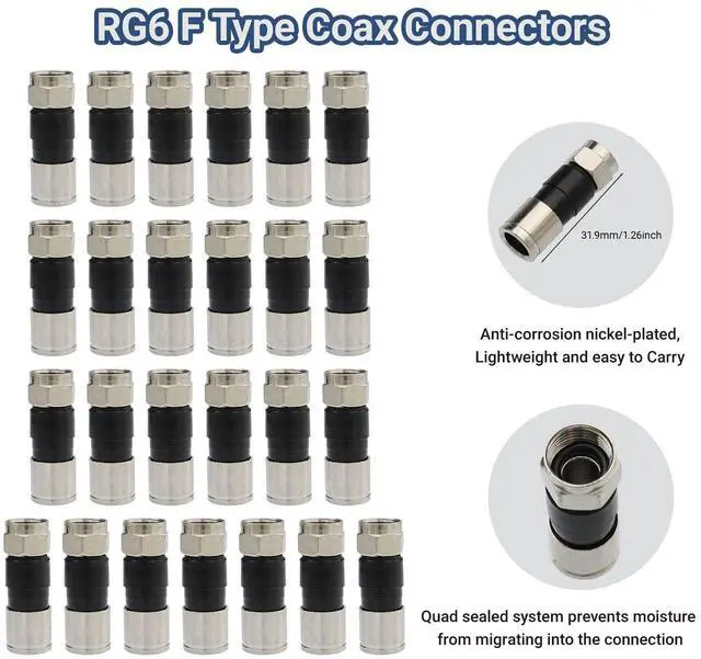 Alt view image 2 of 6 - 25Pcs RG6 Compression connectors,F Type Coaxial Cable Compression connectors,Water Tight O Ring, Indoor/Outdoor, Compatible for RG6 Dual, Tri, Quad Shield Universal Cable TV Connectors