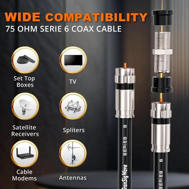 Alt view image 4 of 6 - TranSigWave 25FT RG6 Coaxial Cable Set - High-Speed Internet, Broadband and Digital TV Aerial, Satellite Sky Cable Extension- Weather-Sealed Double Rubber O-Ring and Compression Connectors Black