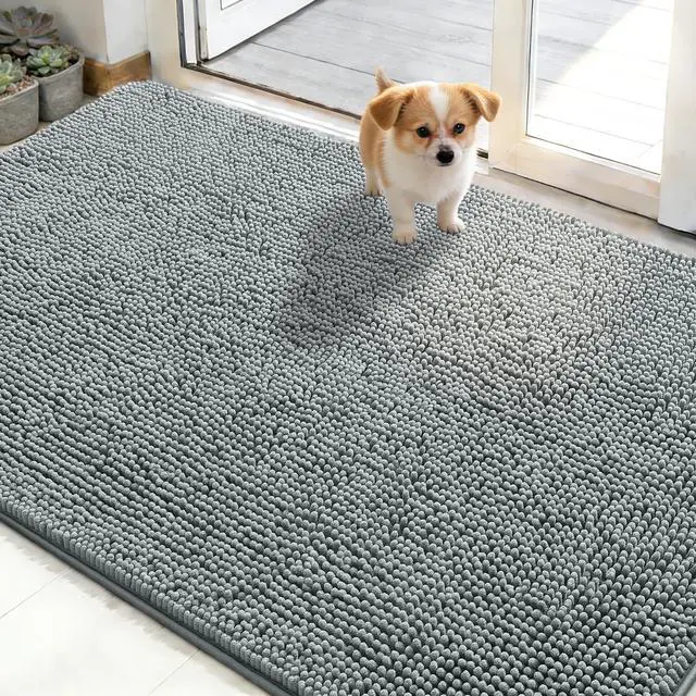 Main image of Dog Door Mat for Muddy Paws 48x30, Absorbs Moisture and Dirt, Absorbent Non-Slip Washable Doormat, Quick Dry Chenille Mud Mat for Dogs, Entry Indoor Entryway Carpet for Inside Floor, Grey