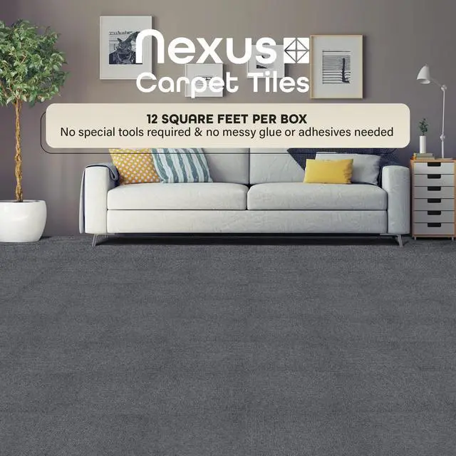 Alt view image 2 of 7 - Nexus Self Adhesive 12-Inch Carpet Floor Tiles, 12 Tiles - 12" x 12", Smoke Grey - Peel & Stick, DIY Flooring for Kitchen, Dining Room, Bedrooms & Bathrooms by Achim Home Decor