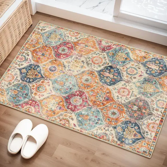 Main image of Lahome Moroccan Trellis Washable Rug, 2x3 Kitchen Rugs for Entryway Bathroom, Non-Slip Indoor Door Mat Ultra-Thin, Small Oriental Throw Carpet for Bedroom Entry Elise, Cream/Multi