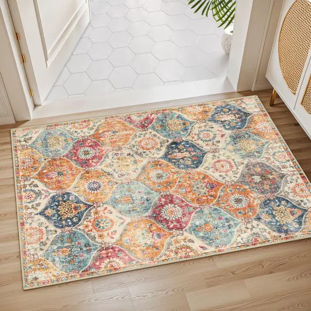 Alt view image 5 of 7 - Lahome Moroccan Trellis Washable Rug, 2x3 Kitchen Rugs for Entryway Bathroom, Non-Slip Indoor Door Mat Ultra-Thin, Small Oriental Throw Carpet for Bedroom Entry Elise, Cream/Multi