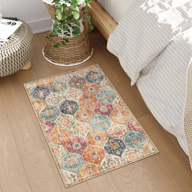Alt view image 6 of 7 - Lahome Moroccan Trellis Washable Rug, 2x3 Kitchen Rugs for Entryway Bathroom, Non-Slip Indoor Door Mat Ultra-Thin, Small Oriental Throw Carpet for Bedroom Entry Elise, Cream/Multi
