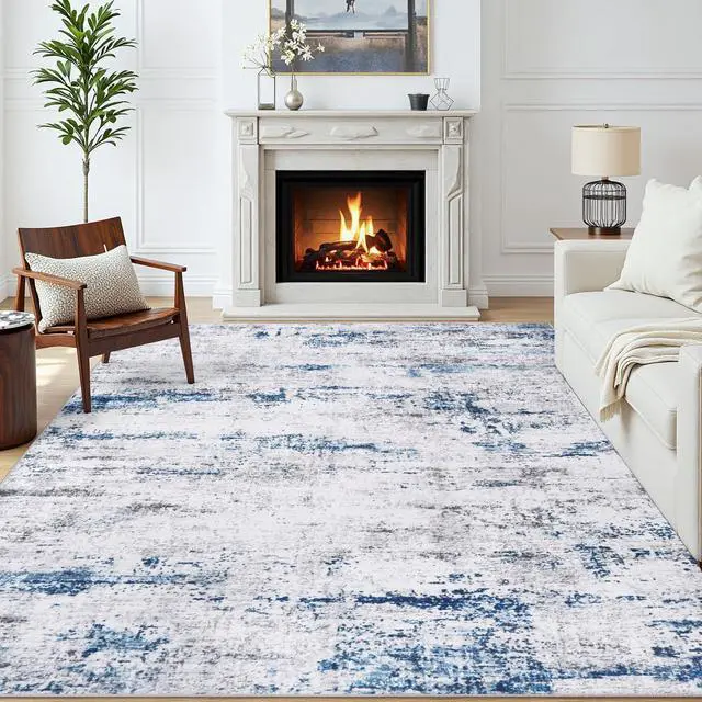 Alt view image 2 of 7 - Area Rug Living Room Rugs: 5x7 Large Soft Indoor Carpet Modern Abstract Rug with Non Slip Rubber Backing for Under Dining Table Nursery Home Office Bedroom White Gray Blue