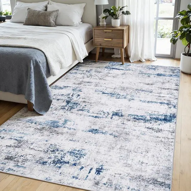 Alt view image 3 of 7 - Area Rug Living Room Rugs: 5x7 Large Soft Indoor Carpet Modern Abstract Rug with Non Slip Rubber Backing for Under Dining Table Nursery Home Office Bedroom White Gray Blue