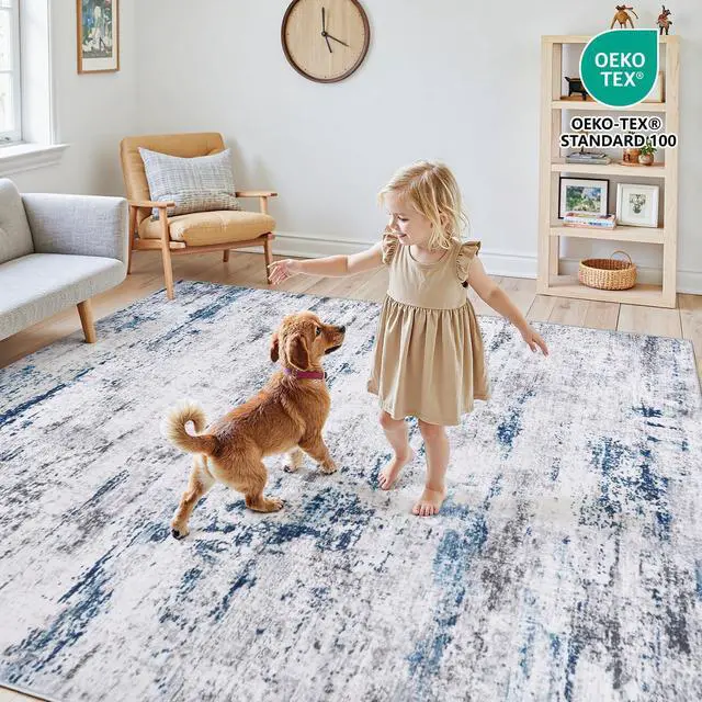 Alt view image 4 of 7 - Area Rug Living Room Rugs: 5x7 Large Soft Indoor Carpet Modern Abstract Rug with Non Slip Rubber Backing for Under Dining Table Nursery Home Office Bedroom White Gray Blue