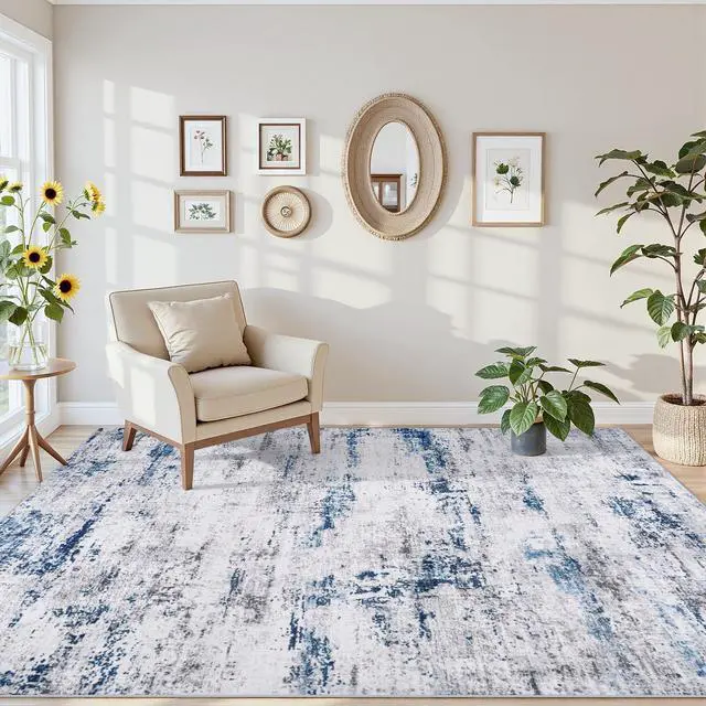 Alt view image 6 of 7 - Area Rug Living Room Rugs: 5x7 Large Soft Indoor Carpet Modern Abstract Rug with Non Slip Rubber Backing for Under Dining Table Nursery Home Office Bedroom White Gray Blue