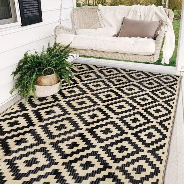 Main image of Waterproof Outdoor Rug 5x8 ft, Plastic Reversible Rug, Modern Area Rug, Large Floor Mat for Outdoors, RV, Patio, Backyard, Deck, Picnic, Beach, Camping, Black & Beige