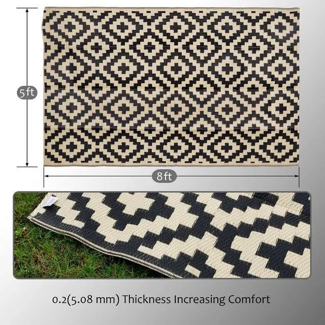 Alt view image 2 of 7 - Waterproof Outdoor Rug 5x8 ft, Plastic Reversible Rug, Modern Area Rug, Large Floor Mat for Outdoors, RV, Patio, Backyard, Deck, Picnic, Beach, Camping, Black & Beige
