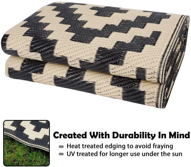 Alt view image 4 of 7 - Waterproof Outdoor Rug 5x8 ft, Plastic Reversible Rug, Modern Area Rug, Large Floor Mat for Outdoors, RV, Patio, Backyard, Deck, Picnic, Beach, Camping, Black & Beige