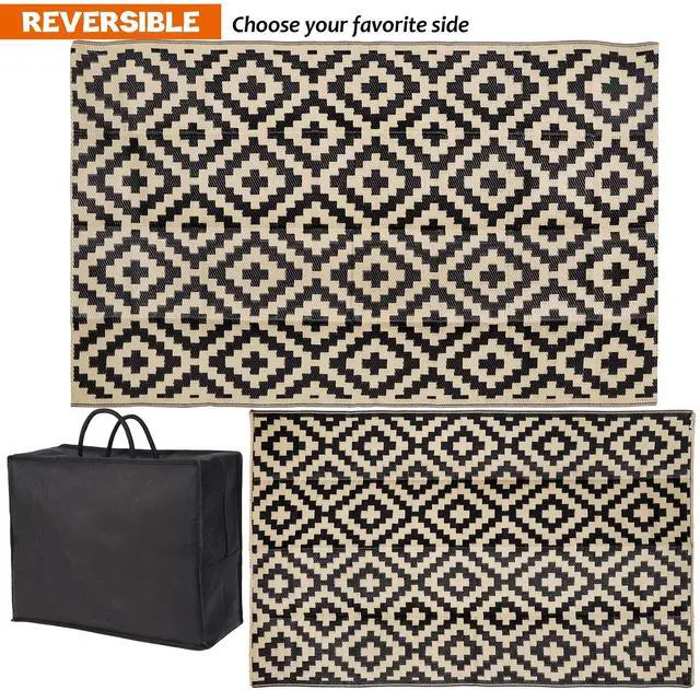Alt view image 3 of 7 - Waterproof Outdoor Rug 5x8 ft, Plastic Reversible Rug, Modern Area Rug, Large Floor Mat for Outdoors, RV, Patio, Backyard, Deck, Picnic, Beach, Camping, Black & Beige