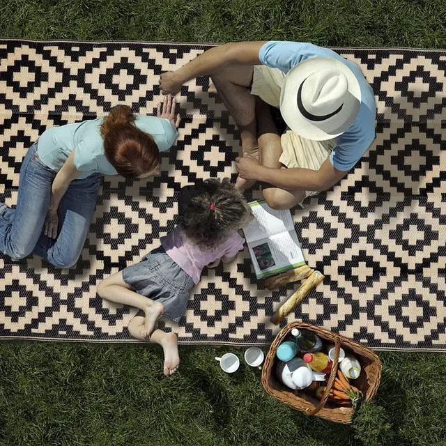 Alt view image 6 of 7 - Waterproof Outdoor Rug 5x8 ft, Plastic Reversible Rug, Modern Area Rug, Large Floor Mat for Outdoors, RV, Patio, Backyard, Deck, Picnic, Beach, Camping, Black & Beige