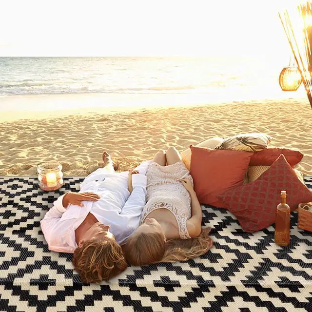 Alt view image 7 of 7 - Waterproof Outdoor Rug 5x8 ft, Plastic Reversible Rug, Modern Area Rug, Large Floor Mat for Outdoors, RV, Patio, Backyard, Deck, Picnic, Beach, Camping, Black & Beige