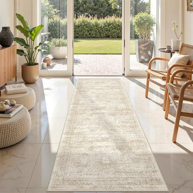 Alt view image 2 of 7 - Rug Runners for Hallways Non Slip - 2x8 Runner Rug for Bedroom, Washable Runner with Rubber Backing, Soft Low-Pile Carpet for Kitchen, Laundry, Bathroom (2'x8', Beige/Ivory)