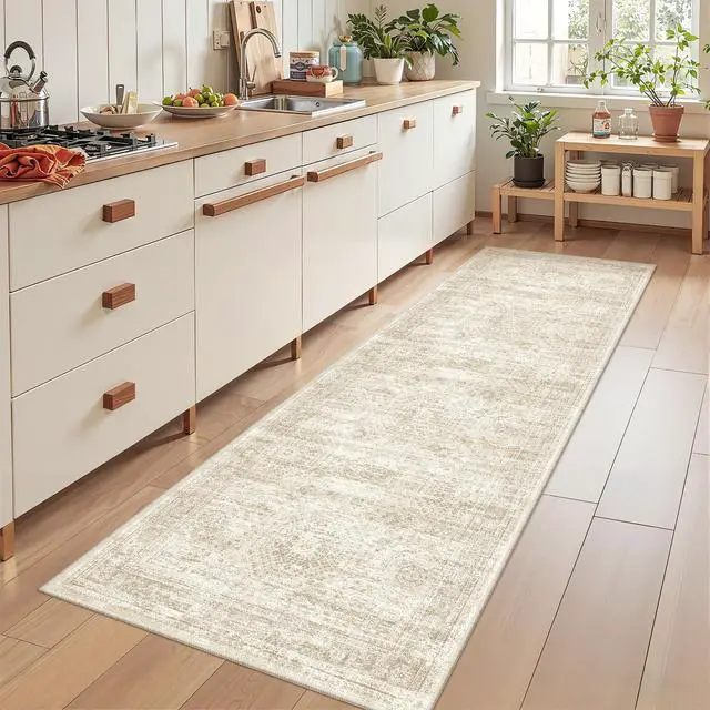 Alt view image 3 of 7 - Rug Runners for Hallways Non Slip - 2x8 Runner Rug for Bedroom, Washable Runner with Rubber Backing, Soft Low-Pile Carpet for Kitchen, Laundry, Bathroom (2'x8', Beige/Ivory)