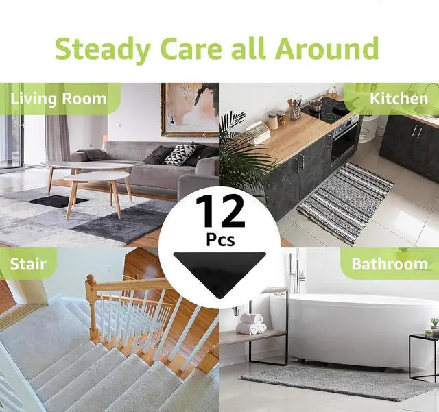 Alt view image 4 of 6 - 12 Pcs Rug Tape, Non Slip Rug Pads Grippers for Hardwood Floors and Tiles, Reusable Carpet Tape for Area Rugs, Double-Sided Adhesive Rug Stickers Keep Corners Flat (Black)