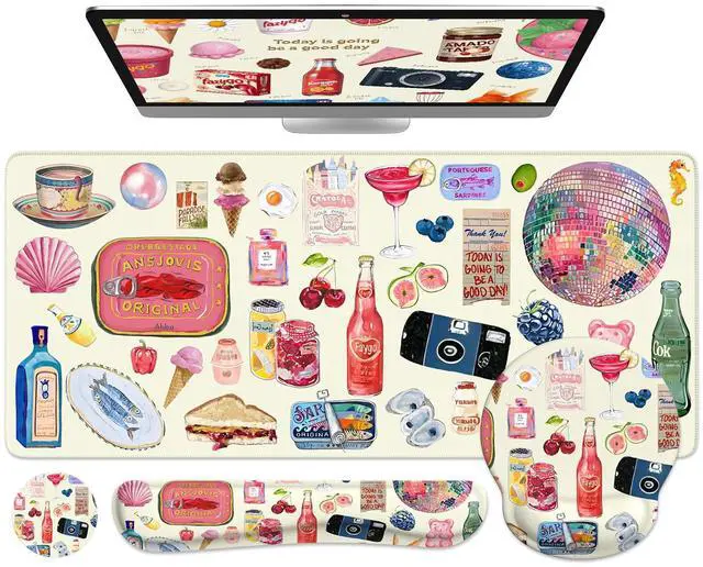 Main image of Large Desk Cover Mat, Non Slip Gel Mouse Pad with Wrist Support Extra Large, Computer Desk Mat with Keyboard Wrist Rest and Mouse Pad Set, Computer Mats for Desktop Women (Vintage Stickers)