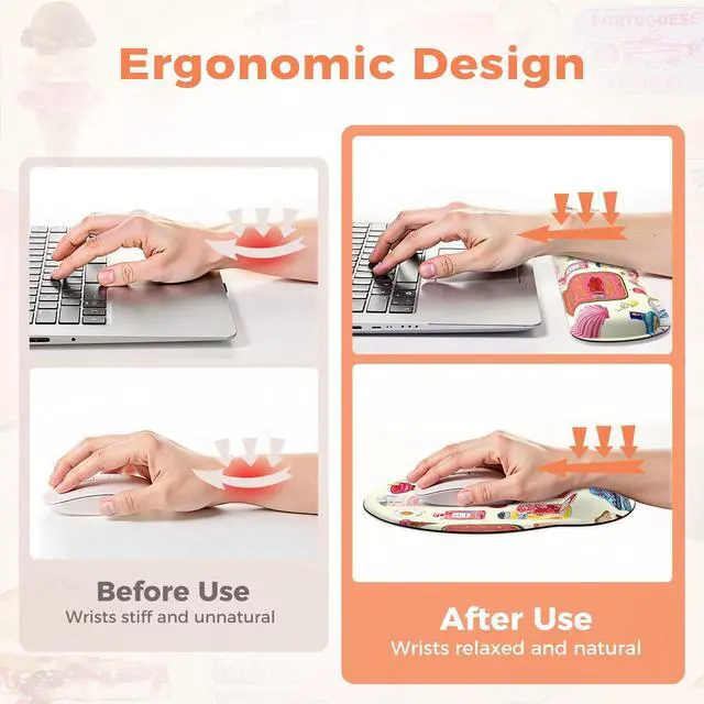 Alt view image 3 of 7 - Large Desk Cover Mat, Non Slip Gel Mouse Pad with Wrist Support Extra Large, Computer Desk Mat with Keyboard Wrist Rest and Mouse Pad Set, Computer Mats for Desktop Women (Vintage Stickers)