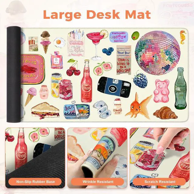 Alt view image 5 of 7 - Large Desk Cover Mat, Non Slip Gel Mouse Pad with Wrist Support Extra Large, Computer Desk Mat with Keyboard Wrist Rest and Mouse Pad Set, Computer Mats for Desktop Women (Vintage Stickers)
