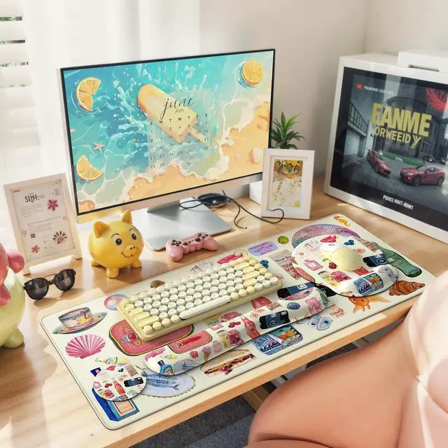 Alt view image 6 of 7 - Large Desk Cover Mat, Non Slip Gel Mouse Pad with Wrist Support Extra Large, Computer Desk Mat with Keyboard Wrist Rest and Mouse Pad Set, Computer Mats for Desktop Women (Vintage Stickers)