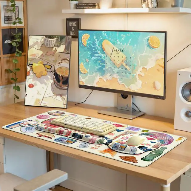 Alt view image 7 of 7 - Large Desk Cover Mat, Non Slip Gel Mouse Pad with Wrist Support Extra Large, Computer Desk Mat with Keyboard Wrist Rest and Mouse Pad Set, Computer Mats for Desktop Women (Vintage Stickers)